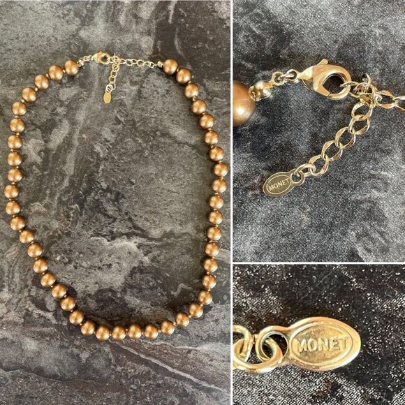 Monet Bronze Colored Faux Pearl Bead Necklace 16 to 18" w/ 8mm Beads Extender - Picture 4 of 9